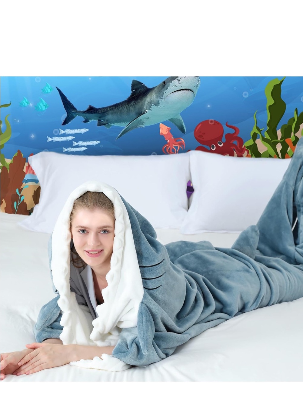 Amazon Shark Hooded Plush Blanket - Blue and White Cozy Throw